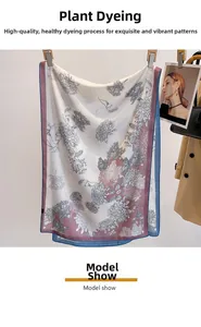 Detail of botanical print scarf with hand-painted floral patterns in beige and pastel tones