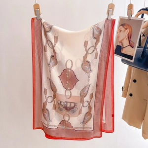 Elegant cream silk scarf with vintage carriage print and horse bridle patterns