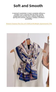 Detail of vintage floral pattern on 60x170cm polyester silk scarf with elegant blue border