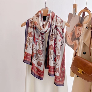 Elegant Retro Floral Print Polyester Satin Scarf Sun Protection Long Shawl Double Sided Contrast Color Fashion For Women