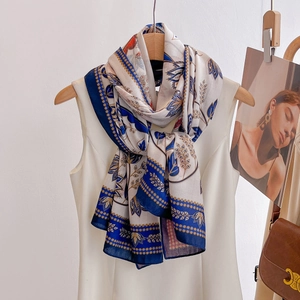 French vintage style sun protection silk scarf with blue border and floral botanical print