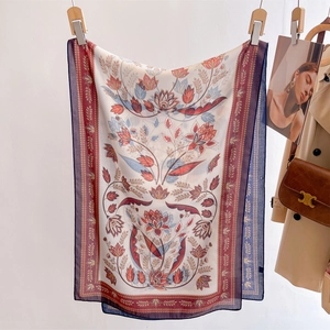Fashionable floral silk scarf with vintage botanical print and sun protection styling