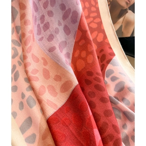Lightweight fashion silk scarf with red and purple leopard print patchwork design