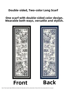 Détails d'une écharpe réversible Toile de Jouy avec motifs d'animaux et de plantes