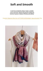 Detail of floral printed cotton linen long scarf with elegant purple botanical patterns