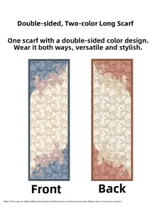 Detail of elegant floral scarf showing double-sided design with beige and rust red prints