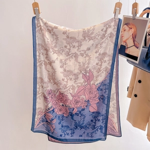 Elegant floral print cotton linen long scarf with blue border and tree patterns