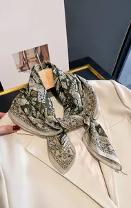 Detail of silk-like square scarf tied on a beige blazer collar with horse print