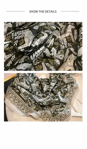 Detail of vintage square scarf showing olive green fabric and fine hand-drawn horse prints