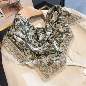 Retro vintage silk square scarf with horse and floral prints in green and beige