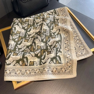 Retro style square silk scarf with vintage horse print in dark olive green and beige