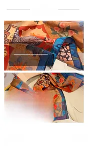 Detail of vintage printed silk scarf showing intricate floral patterns and rolled edges
