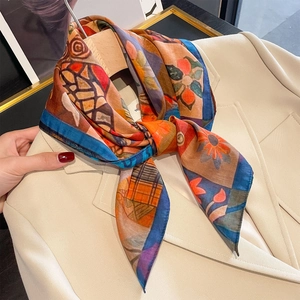 Retro Floral Print Square Scarf Mulberry Satin Cotton Blend Elegant Headscarf Neck Wrap For Women Fashion Accessory