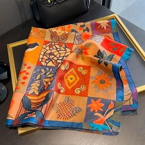 Artistic color-block silk scarf with vintage sunflower and bird prints for luxury styling