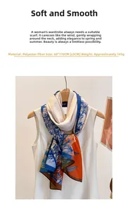 Detailed view of 60x170cm blue floral polyester scarf with elegant orange borders