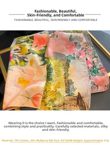 Detail of 65x65cm floral silk scarf showing 70% cotton and 30% silk fabric specifications