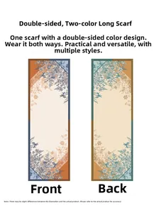 Detailed view of double-sided long scarf with botanical prints and contrast colors