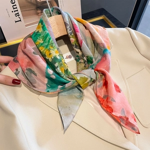 Oil Painting Floral Print Square Scarf Mulberry Satin Cotton Blend Elegant Versatile Lightweight Neck Kerchief For Women
