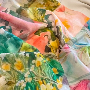 Artistic oil painting style silk square scarf with colorful floral patterns for women