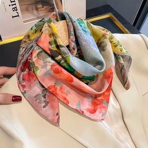 Artistic oil painting style mulberry silk square scarf with colorful floral patterns