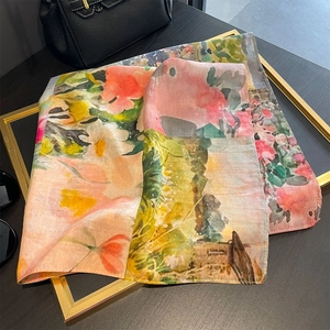 Artistic oil painting style mulberry silk scarf with vibrant floral patterns for women