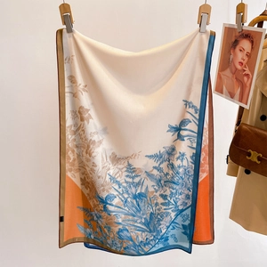 Elegant floral print lightweight scarf with navy blue borders for summer neck protection