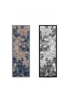 Detail view of long scarf featuring double-sided architecture and forest sketch print
