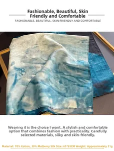 Detail of silk blend square scarf with blue plant print, 65x65cm size, 31g weight