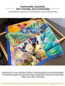 Détail du foulard 65x65cm en soie et coton avec imprimé Iris de Van Gogh et dimensions