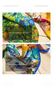 Détail du foulard léger en soie et coton avec motif artistique de peinture à l'huile