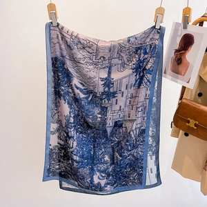 Elegant white silk scarf with blue vintage landscape print for summer beach wear
