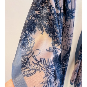 Summer beach shawl with vintage castle and palm tree print on fine silk blend fabric