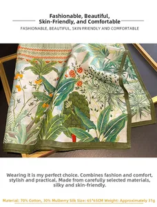 Detail of silk cotton blend square scarf with 65x65cm size and tropical plant prints