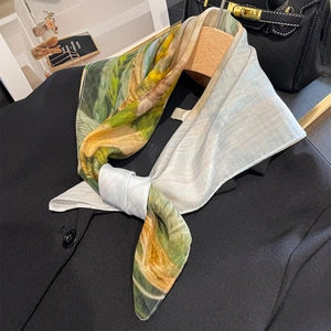 Carré De Satin Et Coton Pour Femmes Imprimé Floral Artistique Léger Respirant Style Peinture À L'Huile Impressionniste Écharpe