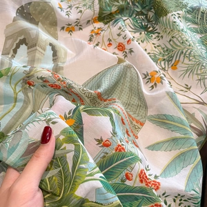 Silk cotton blend vintage scarf with tropical palm leaves and architectural prints