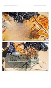 Detailed view of paisley silk scarf stitching and soft texture on blue blazer