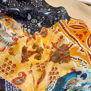 Chinese style patchwork paisley silk scarf with colorful floral and geometric patterns