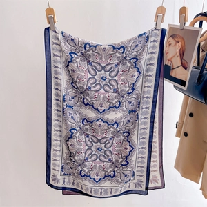 Summer bohemian paisley print silk scarf for women in blue and white floral pattern