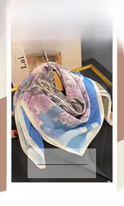 Detail of silk cotton square scarf in purple and blue with lightweight texture