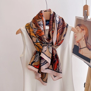 Fashion Satin Feel Long Scarf Polyester Plant Leaf Print Sun Protection Beach Shawl Lightweight Vintage For Women