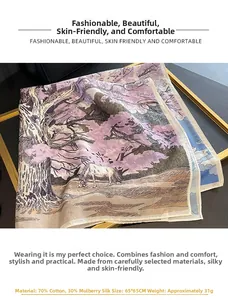Detail of 65x65cm silk cotton scarf with nature print featuring white horses and trees