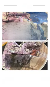 Detailed macro view of an art landscape mulberry silk scarf with horse and tree patterns