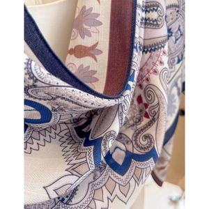 Fashionable paisley printed beige silk shawl scarf with ethnic floral patterns and tassel edge