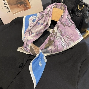 Elegant Mulberry Satin Cotton Square Scarf Artistic Landscape Horse Print Fashionable Neck Kerchief For Women