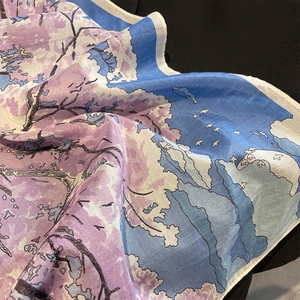 Elegant mulberry silk square scarf with blue and purple nature landscape print design