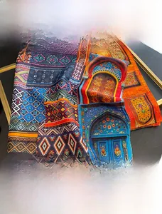 Detail of silk cotton scarf with geometric prints on tray, 65x65cm, 30% mulberry silk