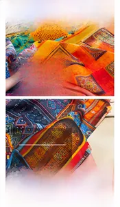 Detailed view of lightweight silk scarf with exotic geometric and floral print patterns