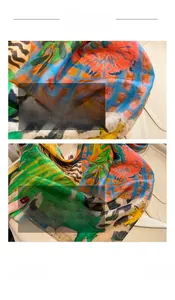 Dettaglio di sciarpa con stampa floreale e leopardata che mostra tessuto leggero e cuciture