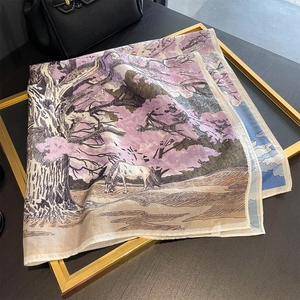 Elegant silk square scarf featuring an artistic white horse print under pink blossoms