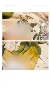 Detailed macro view of vintage floral print scarf with refined rolled edge stitching